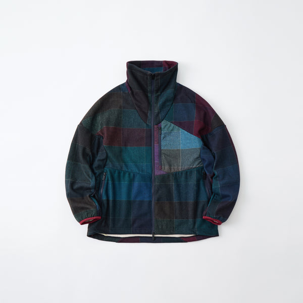 WINDOWPANE PATTERN ZIP UP FLEECE JACKET