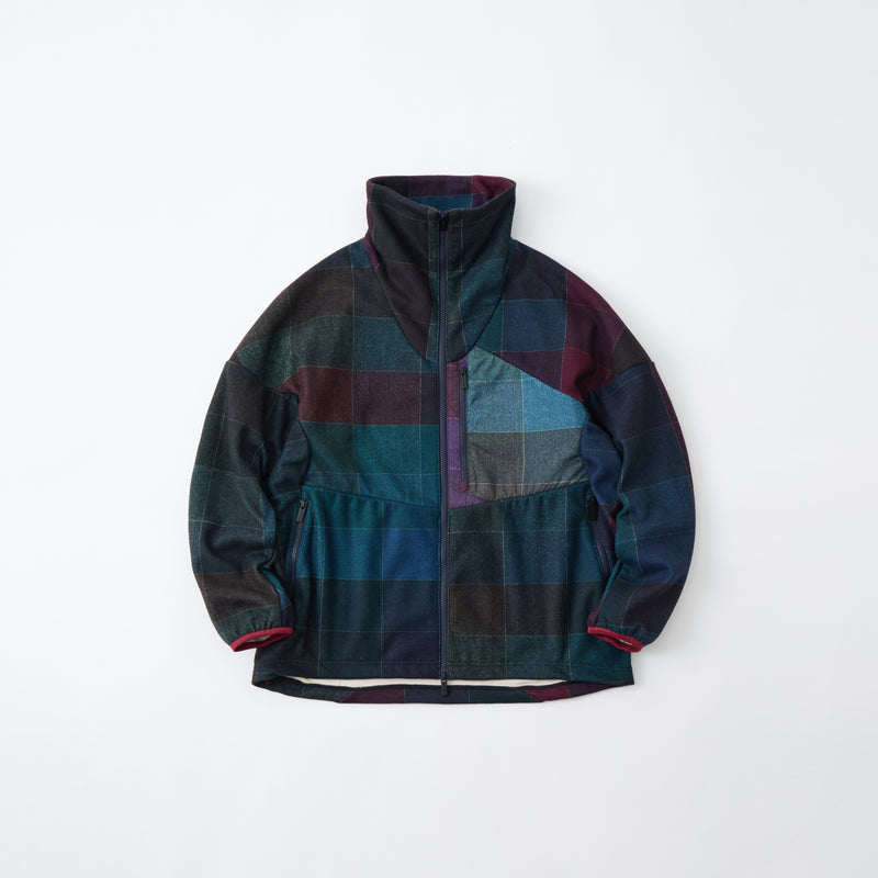 WINDOWPANE PATTERN ZIP UP FLEECE JACKET