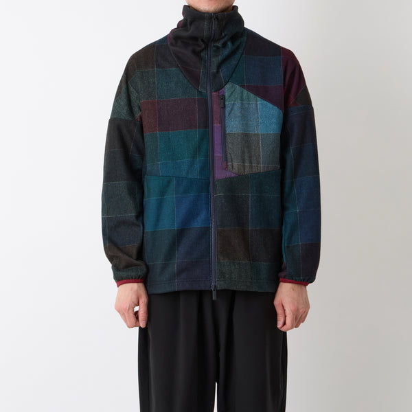 WINDOWPANE PATTERN ZIP UP FLEECE JACKET
